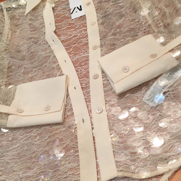 Zara Sequin Button Down semi sheer Cream Shirt Top sz.XS - Picture 13 of 16